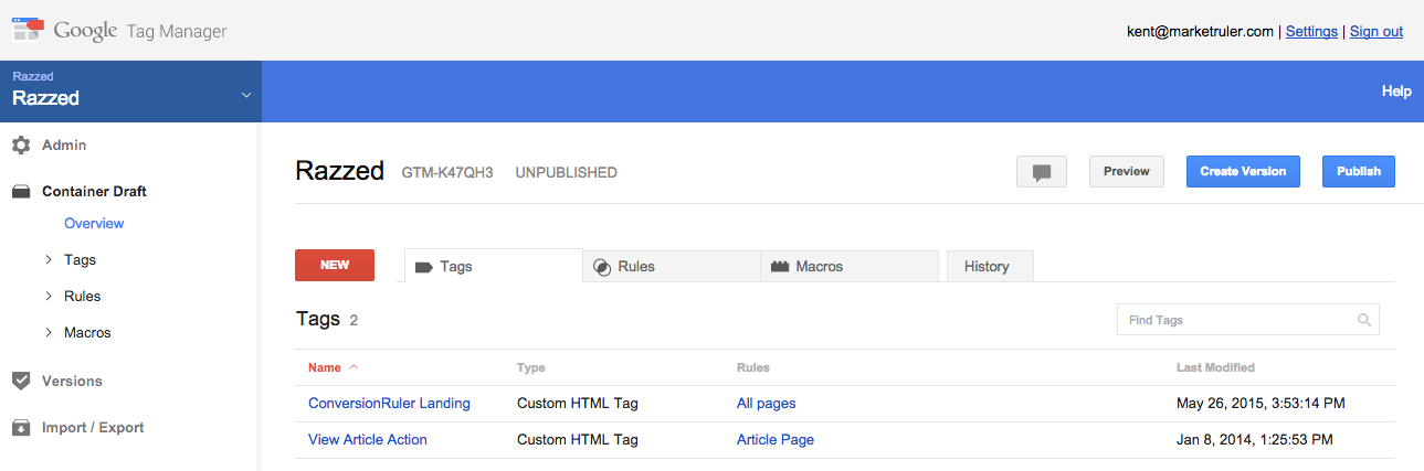 Empty Google Tag Manager tag interface - click here link to create a new tag