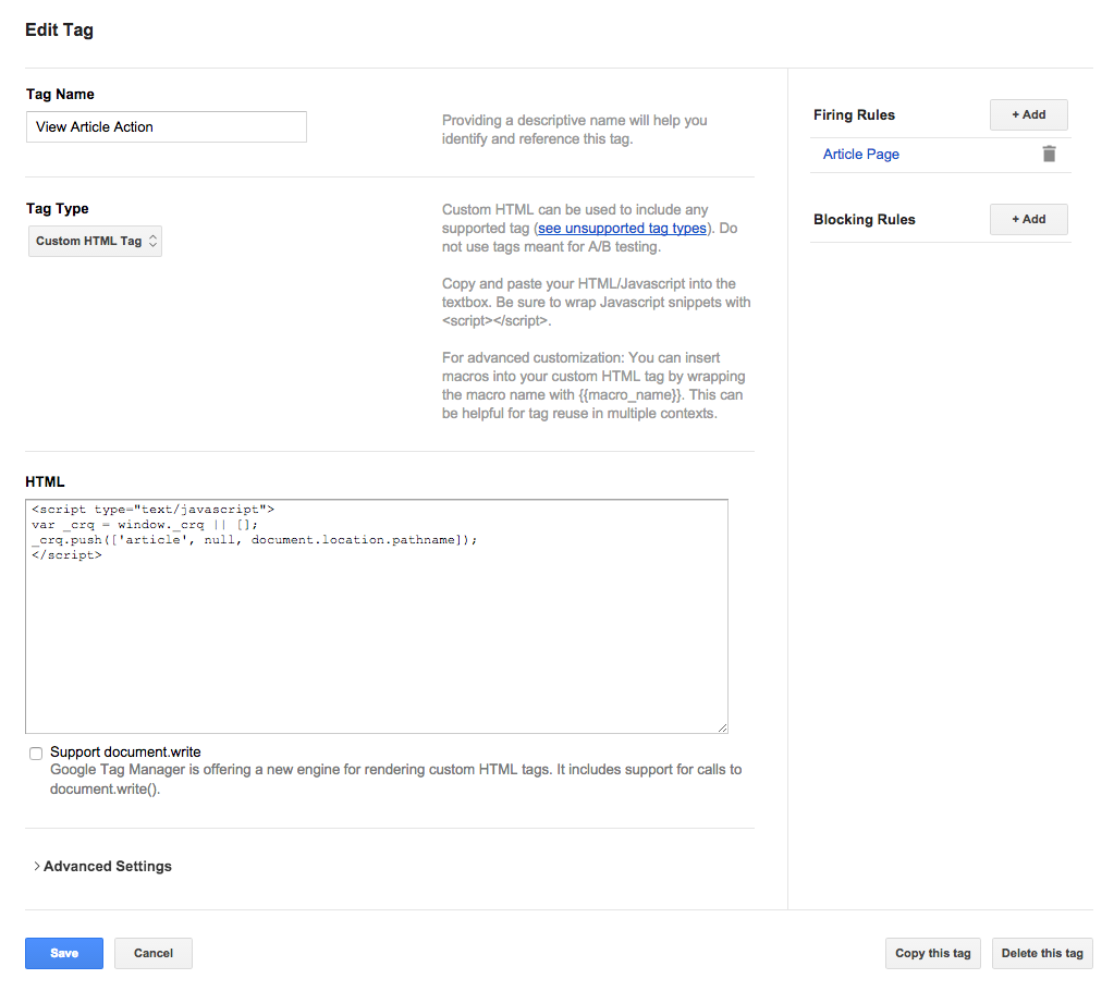 Google Tag Manager new tag interface for new Action